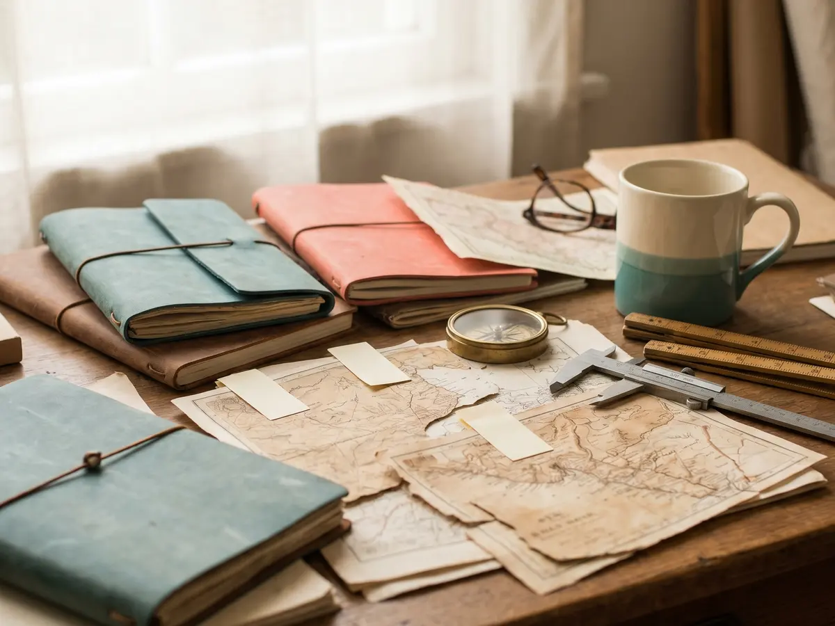 Ribuo editorial field desk with notebooks, tabs, map fragments, and measuring tools