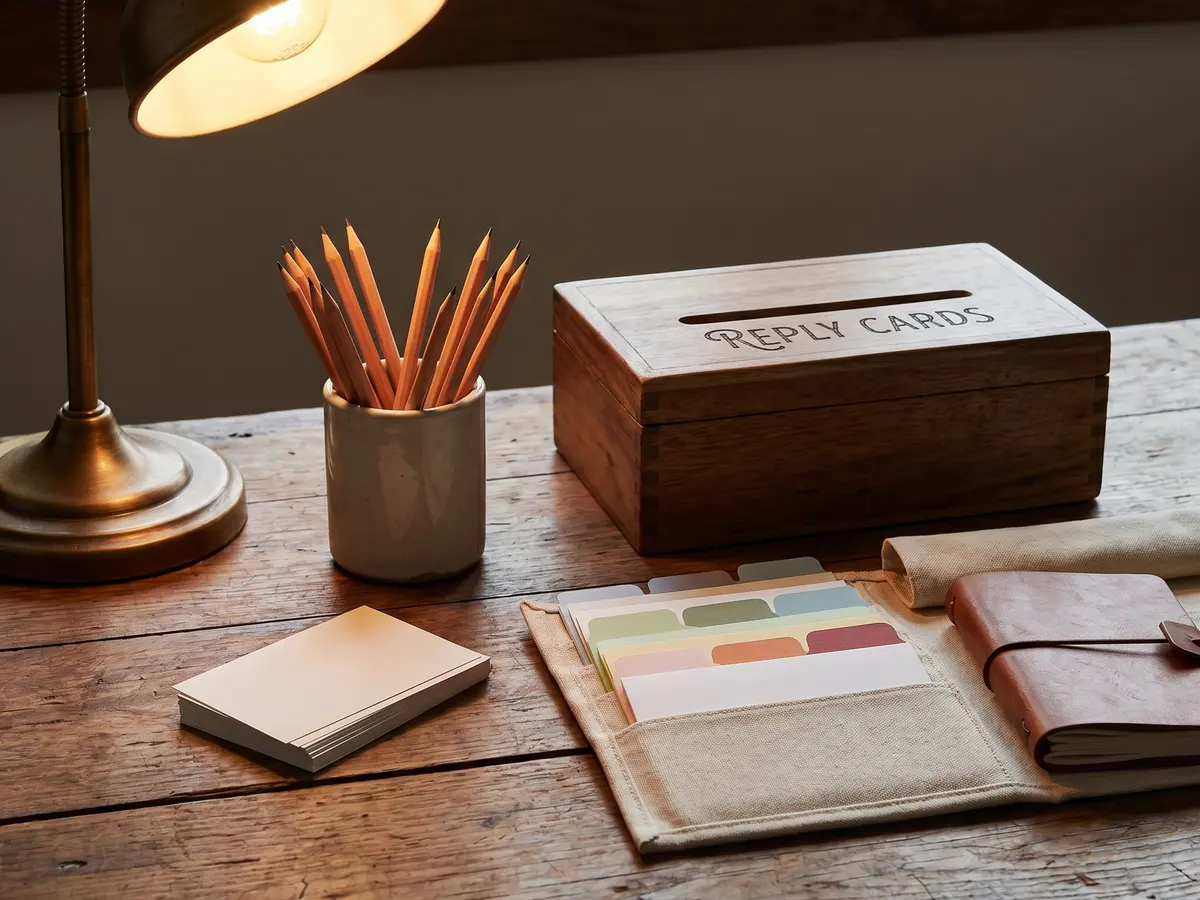 A contact note station with paper slips, tabs, and a quiet desk lamp