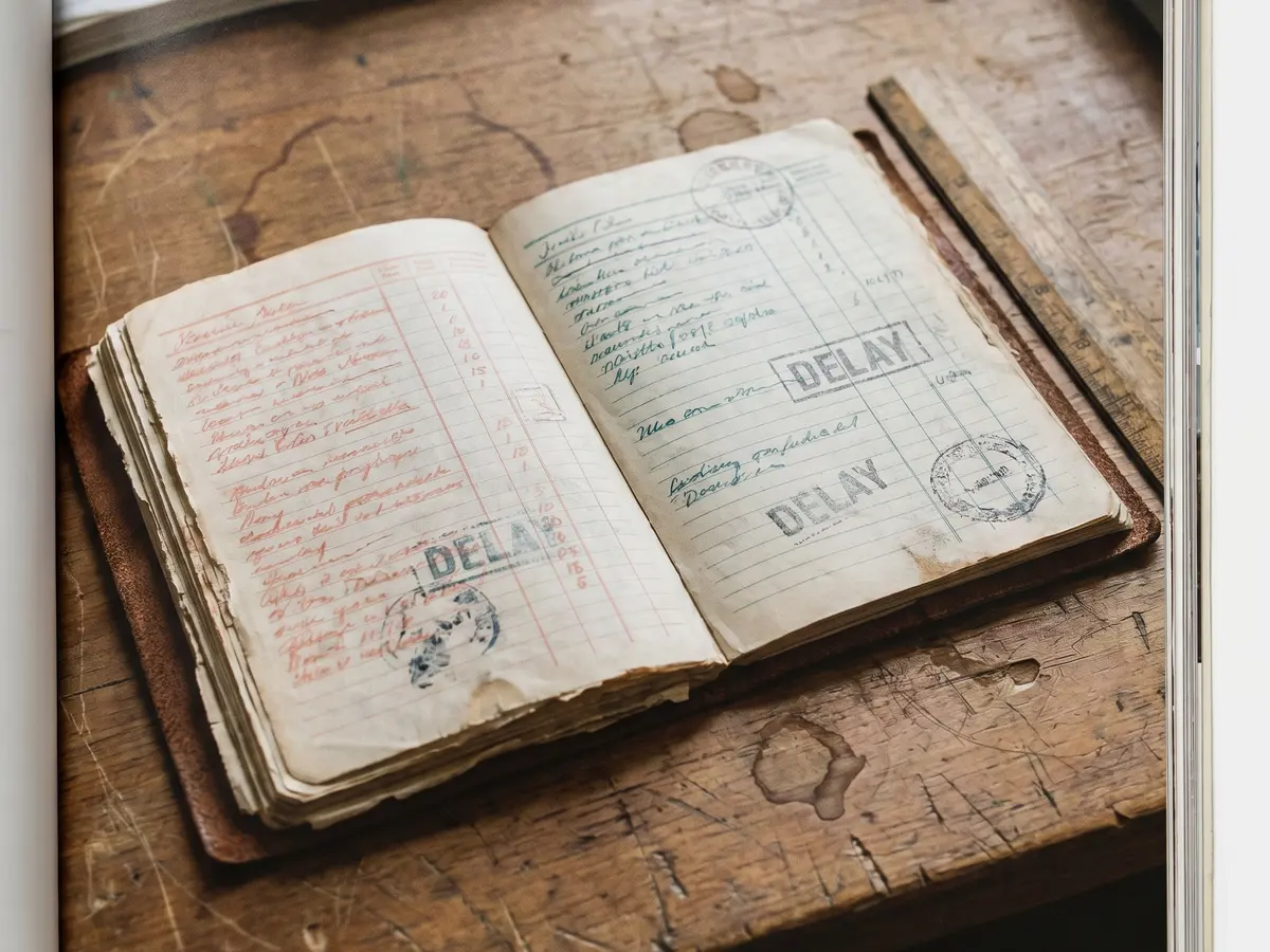 A hand-kept friction ledger with route stamps, crossed notes, and measured delays