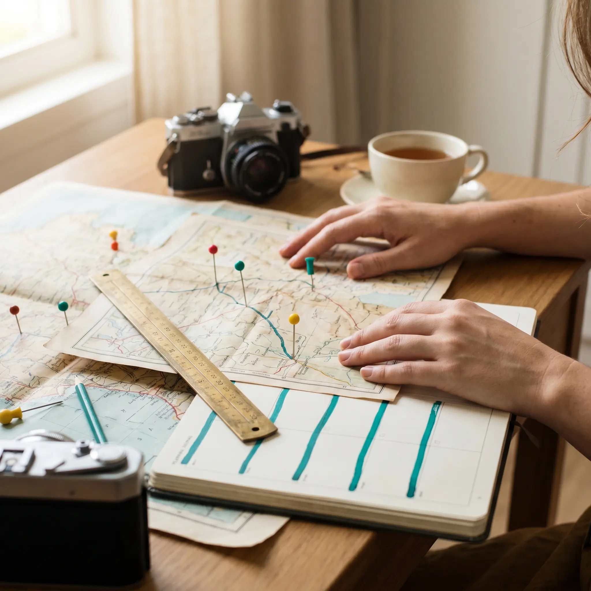 A quiet decision desk with maps, route pins, notebooks, and measuring tools