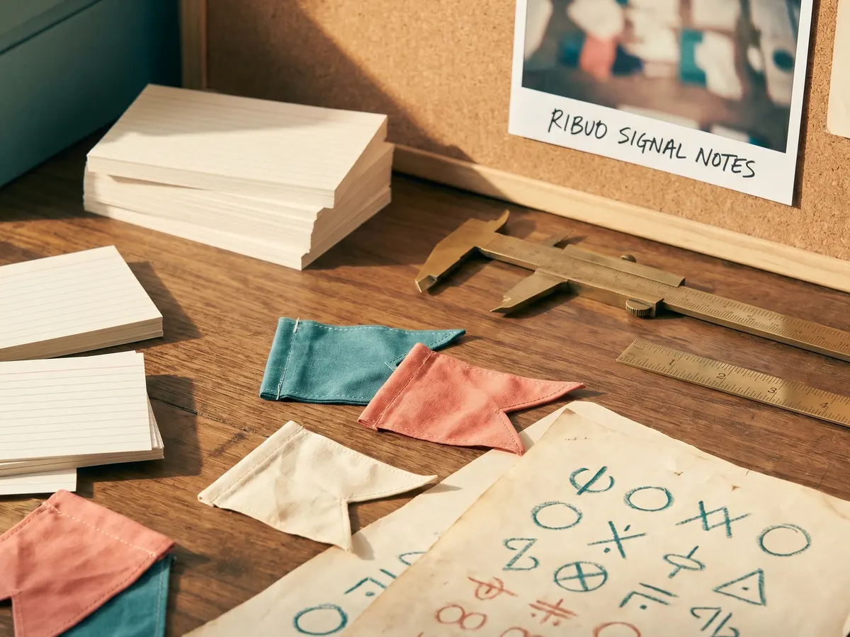 Signal notes arranged beside small measuring instruments and colored index marks